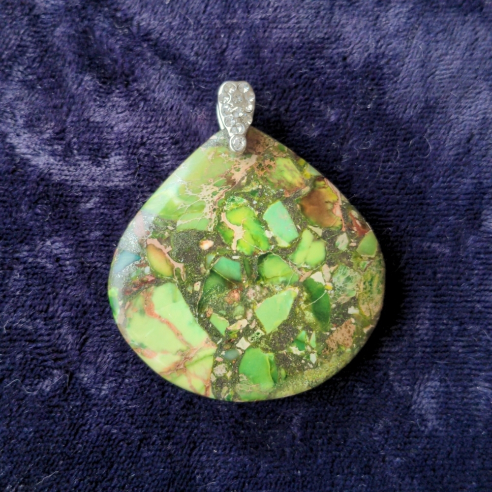 Vintage large handmade teardrop shaped pendant with green turquoise